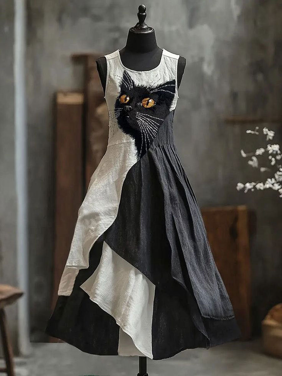 Women's Black Cat Print Color Block Dress