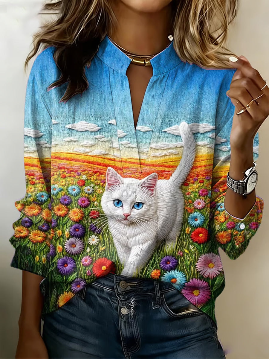 Women's Amusing Cat-Themed Flowers Print Linen Long Sleeve Shirt