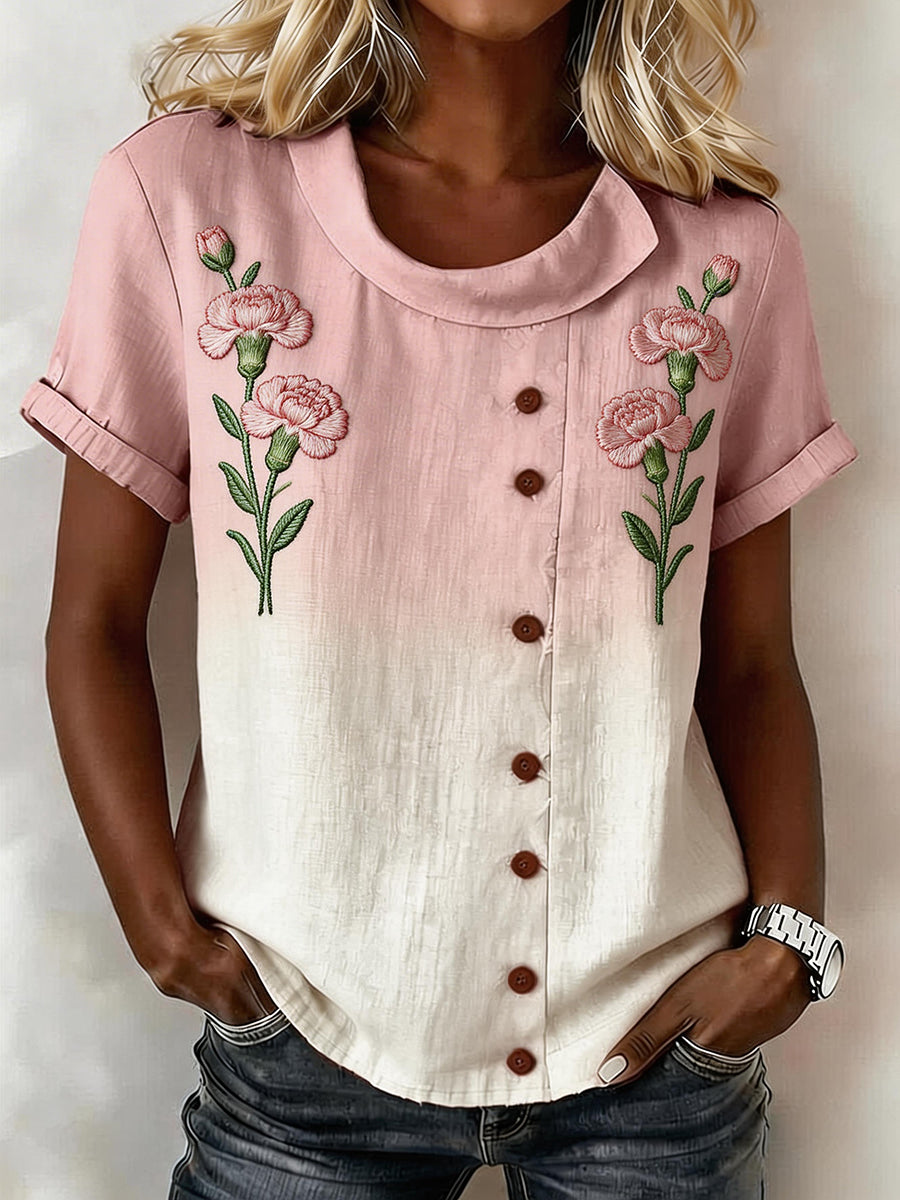 Women's Pink Carnation Floral Pattern Linen Blend Shirt