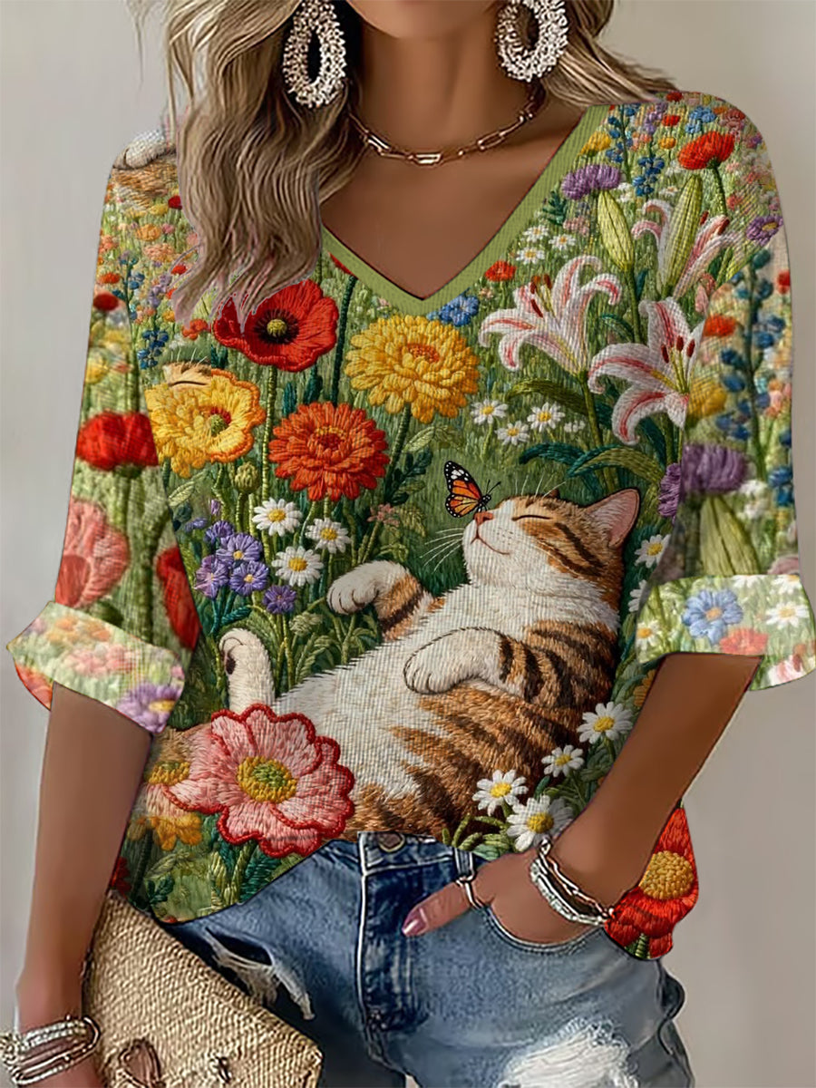 Women's Amusing Cat-Themed Flowers Print Waffle T-shirt