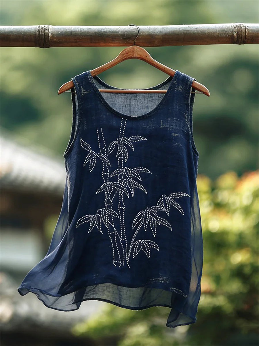 Women's Bamboo Embroidery Pattern Cotton Linen Top