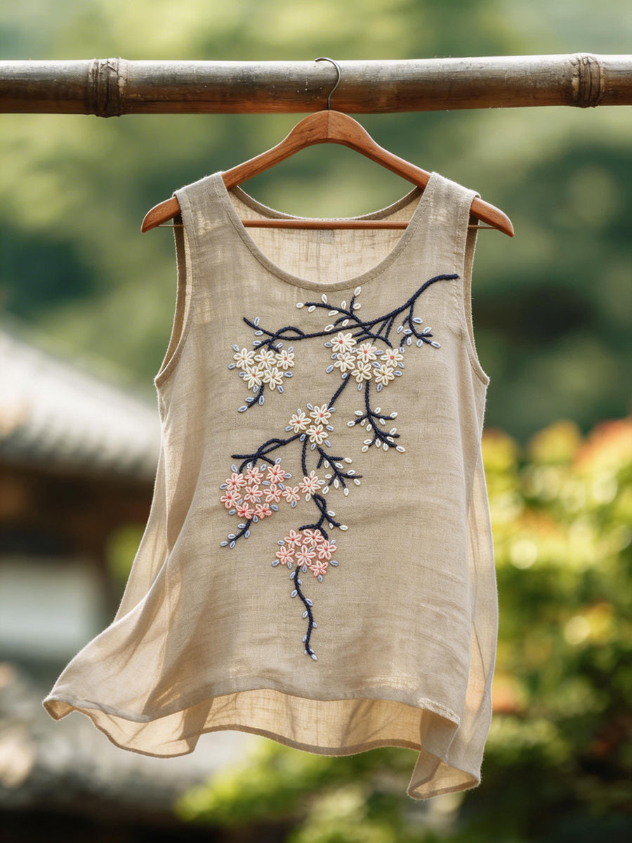 Women's Japanese Art Cherry Blossom Embroidery Pattern Cotton Linen Top