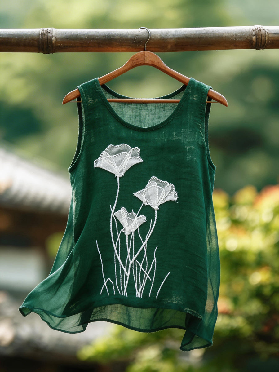 Women's Classy Lace Floral Pattern Cotton Linen Top