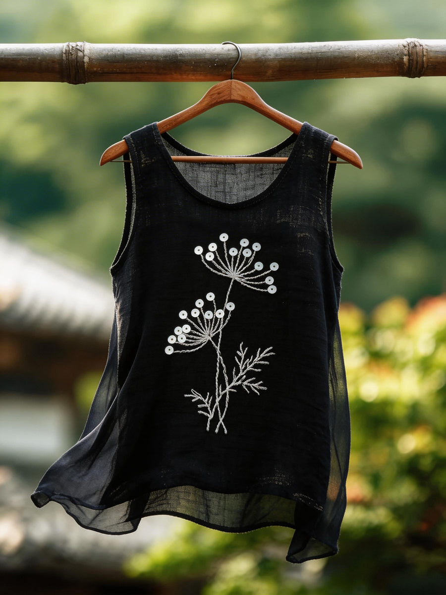 Women's Sequin Floral Pattern Cotton Linen Top