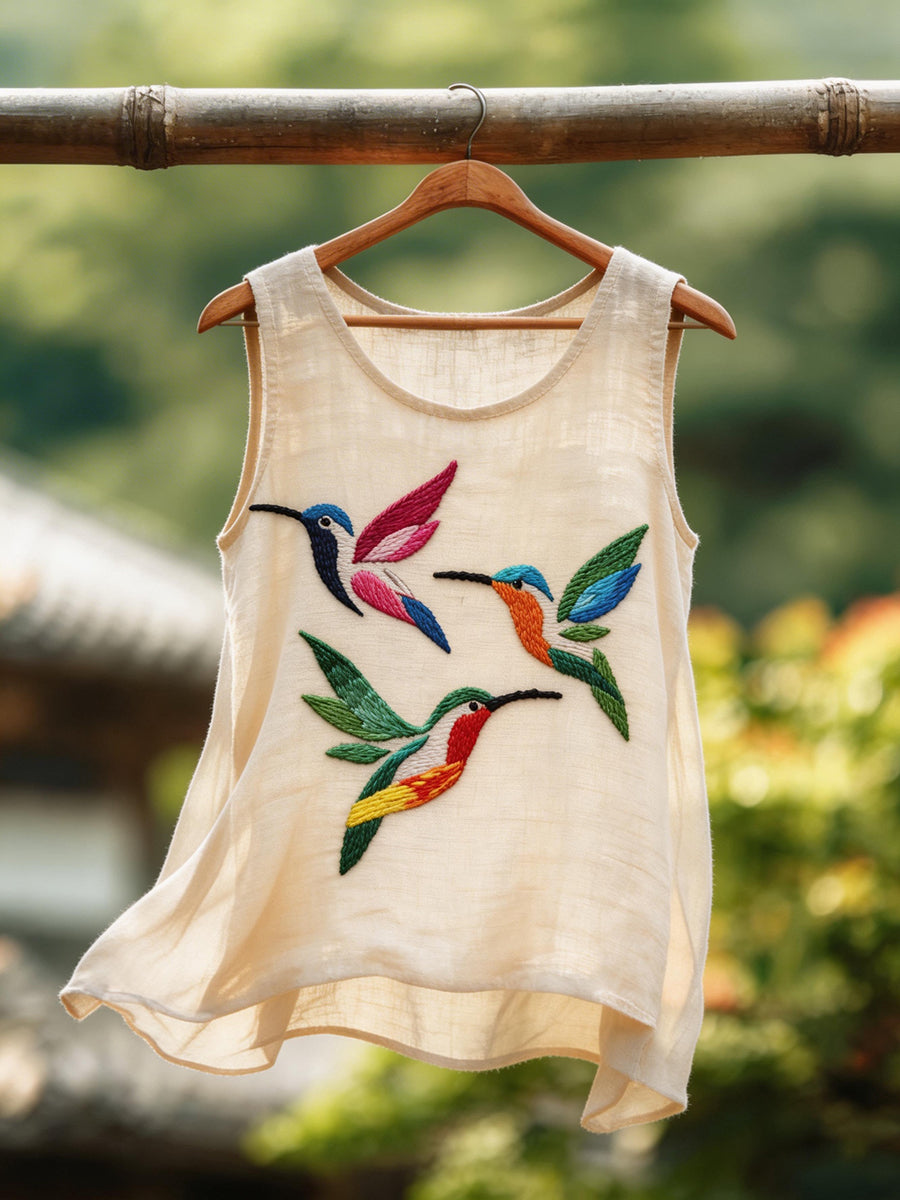 Women's Hummingbird Embroidery Pattern Cotton Linen Top
