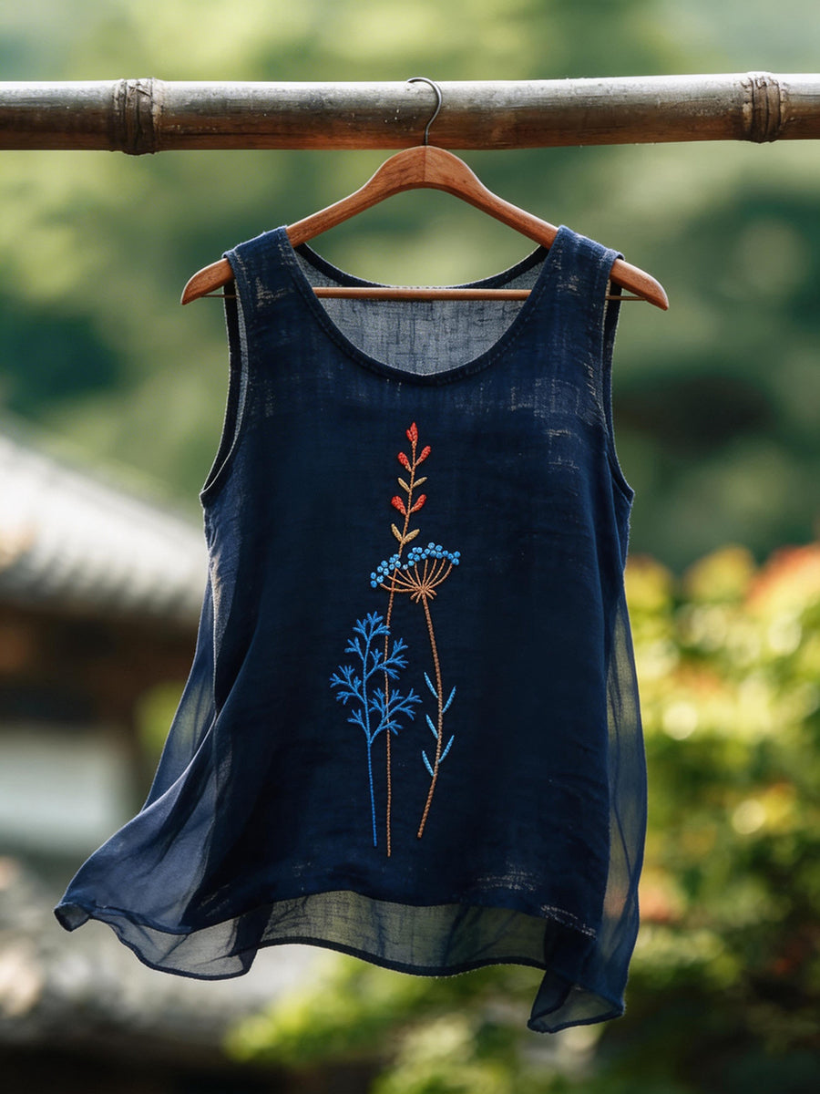 Women's Japanese Art Floral Pattern Cotton Linen Top