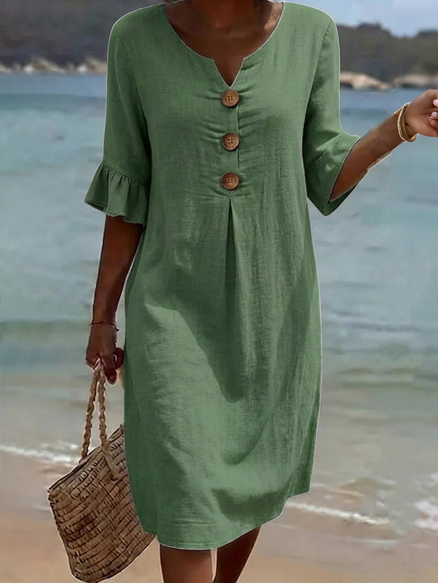 Women's Linen Blend Ruffle Sleeves Dress