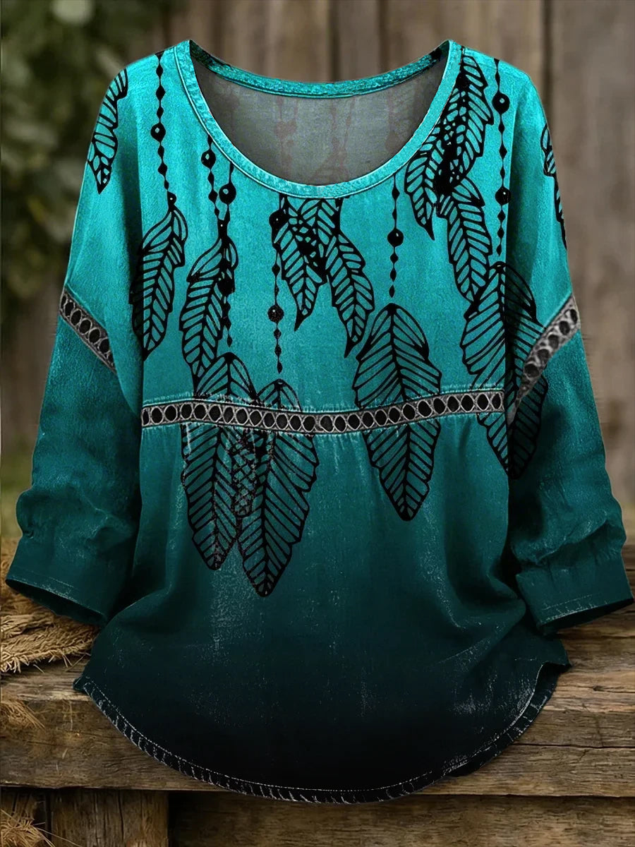 Women's Retro Western Art Print Casual T-shirt