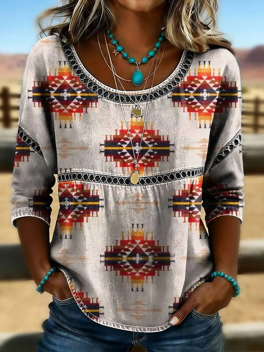 Women's Retro Western Aztec Print Casual T-shirt