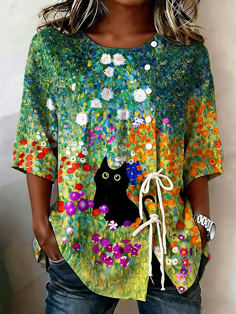 Women's Cat & Floral Print Lace-Up Cotton Top