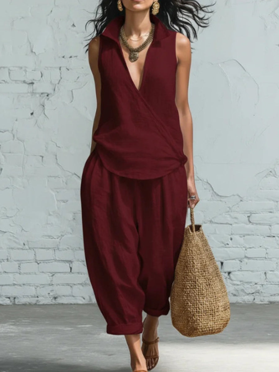 Women's collared shirt and wide-leg trousers linen two-piece set
