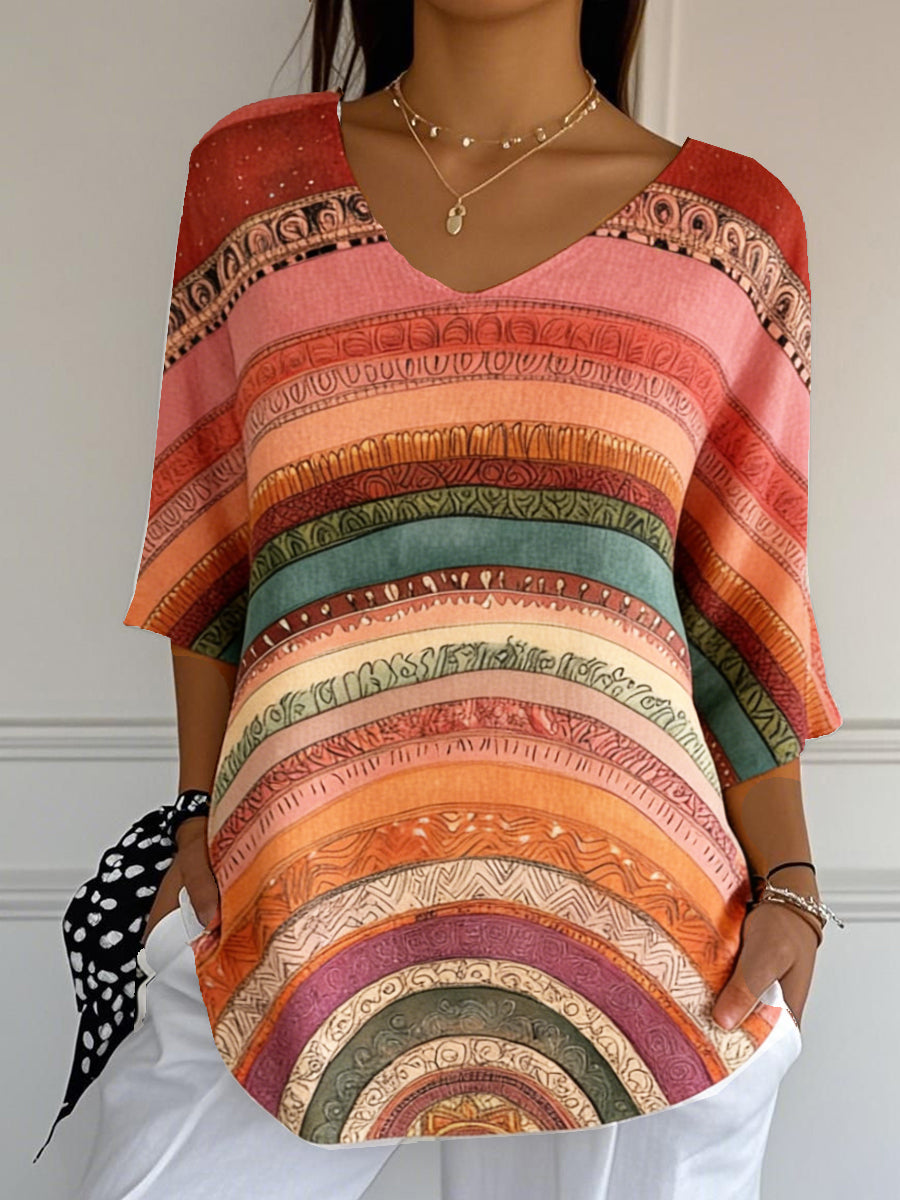Women's Bohemian-style striped print casual V-neck T-shirt