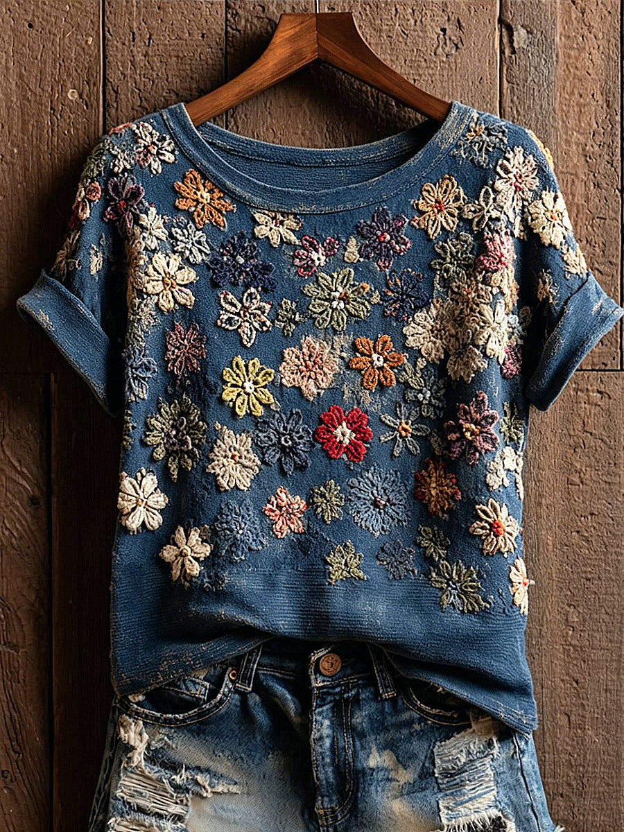 Flower Printed Vintage Fashion Loose Short Sleeve T-Shirt