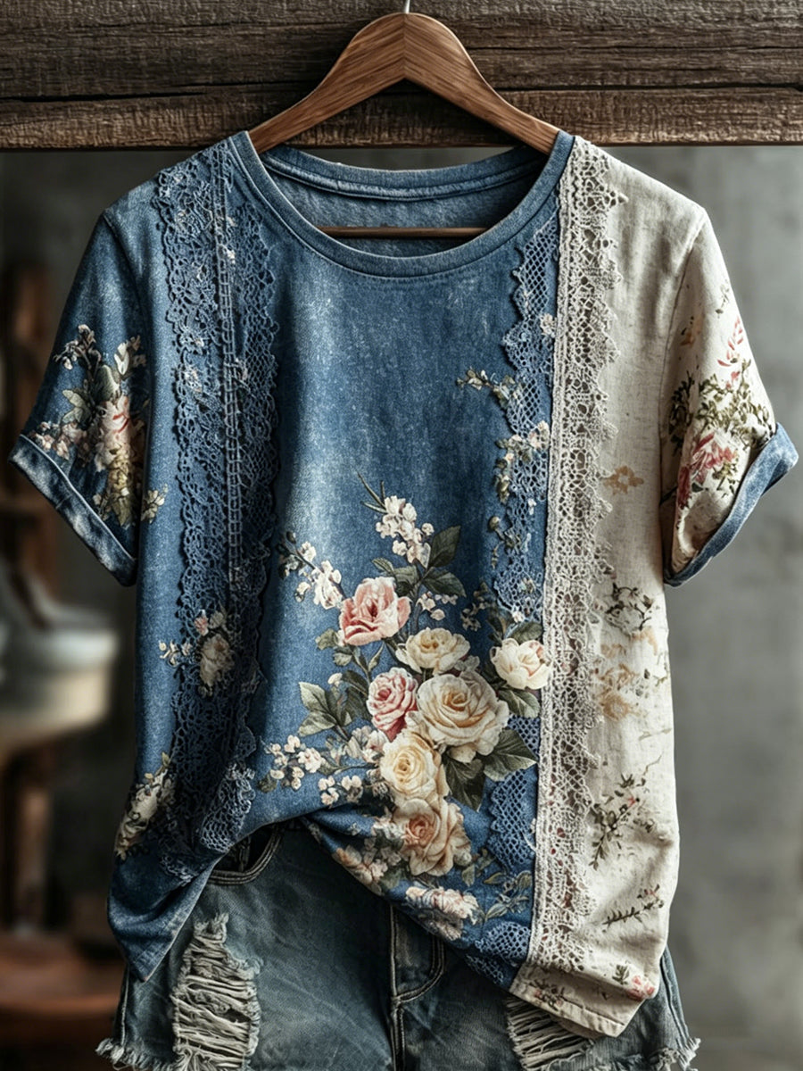 Flower Printed Vintage Fashion Loose Short Sleeve T-Shirt