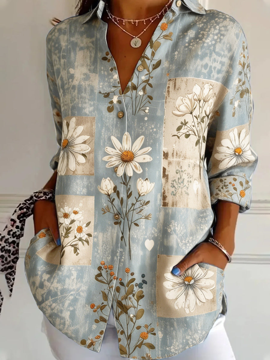 Women’s Vintage Floral Print Fashionable Grey Long-Sleeved Shirt