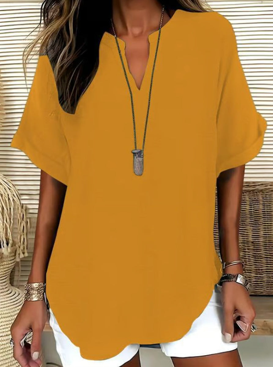 Women's Casual Solid-Color V-Neck Short-Sleeve Shirt