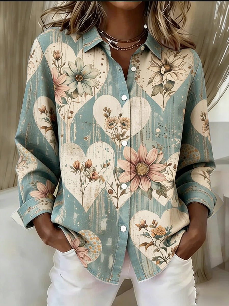 Women’s Vintage Heart and Floral Print Casual Long-Sleeved Shirt