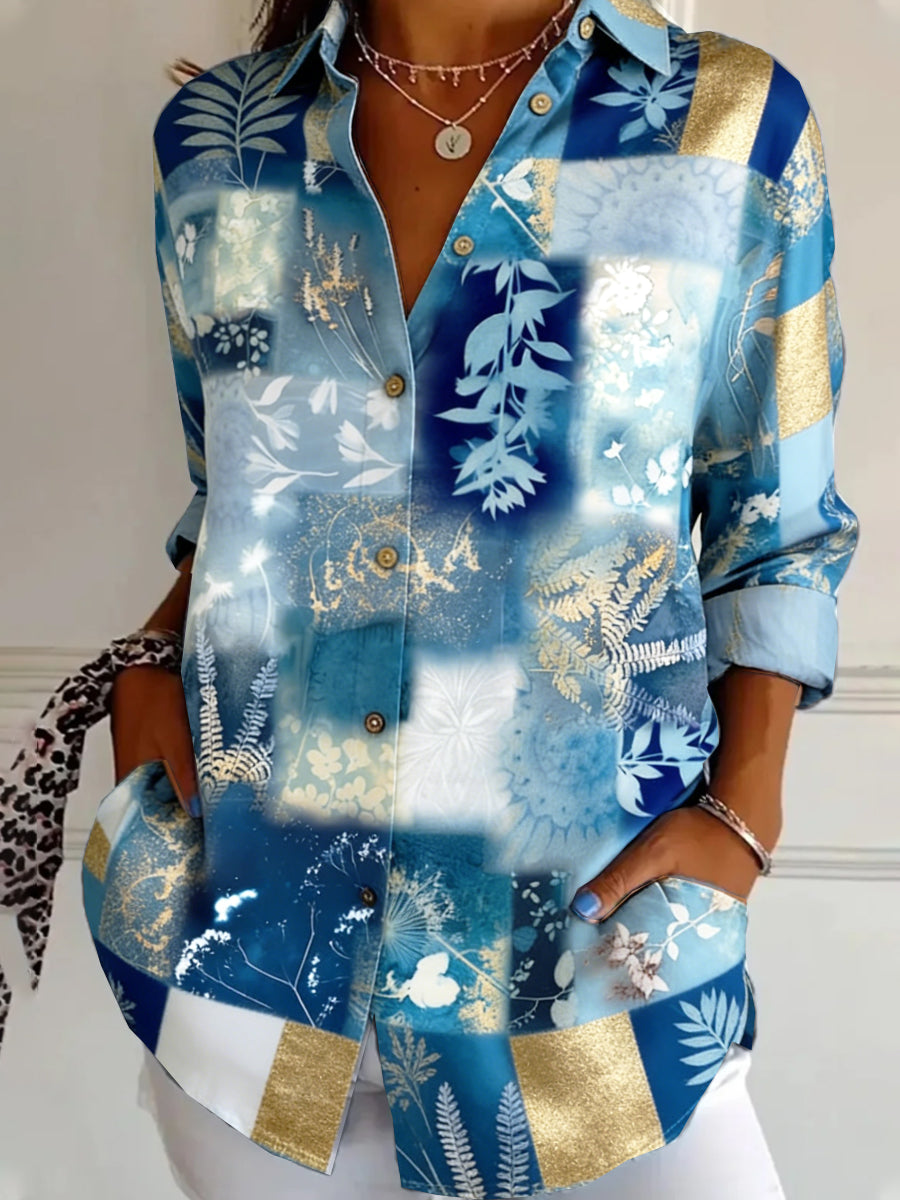 Women’s Blue Floral Print Elegant Casual Long-Sleeved Shirt
