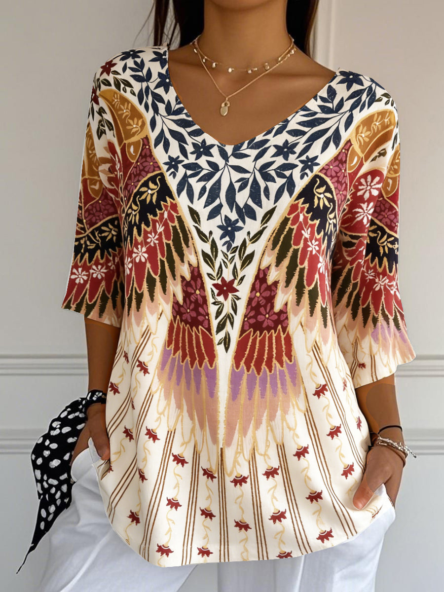 Women's Bohemian Style Tropical Print Casual Fashion V-neck T-shirt