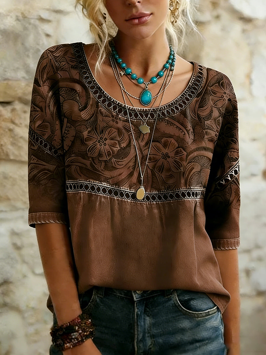 Women's Vintage Western Plants Flowers Print Casual Top