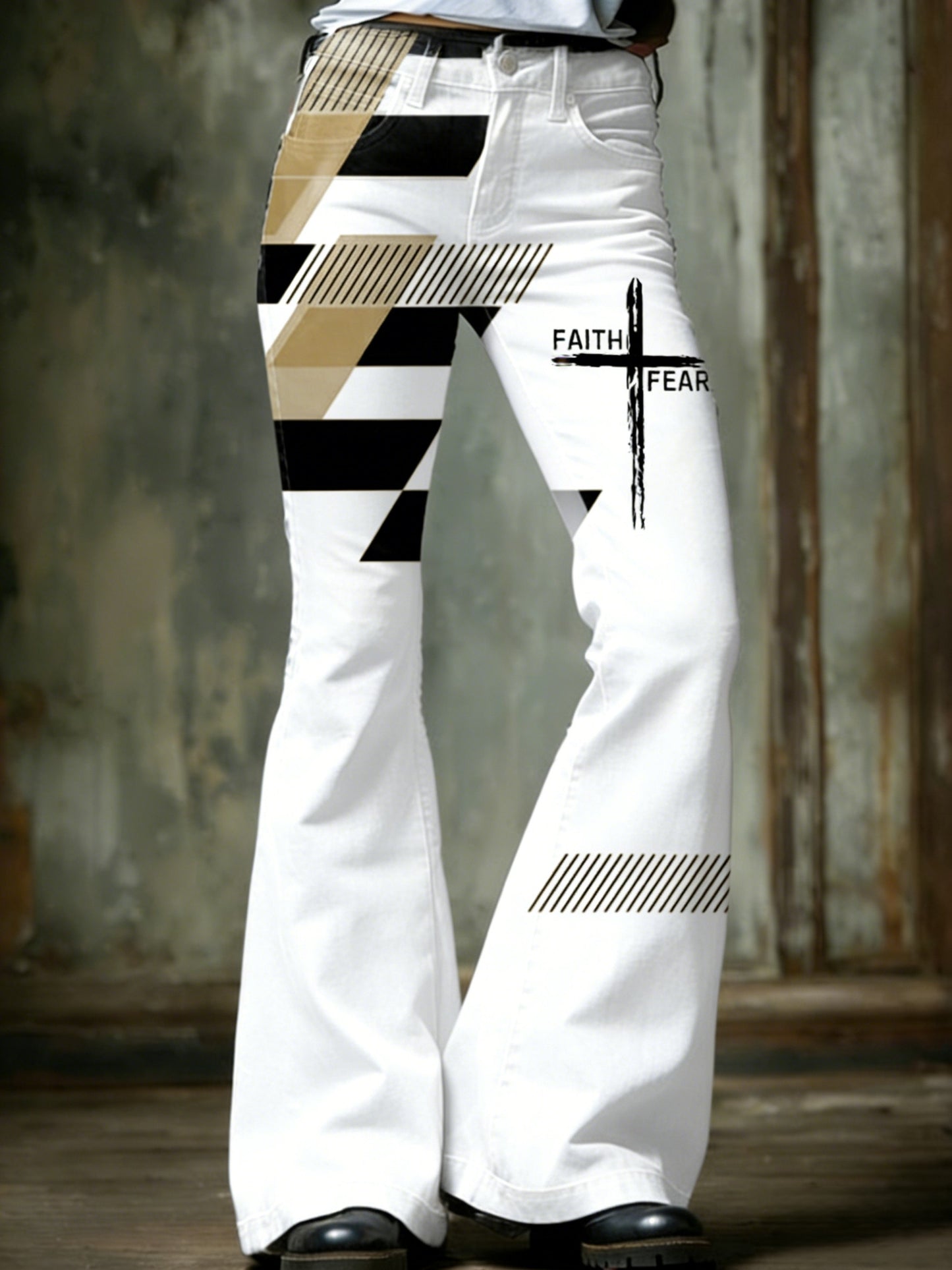 Women's Retro Faith Cross Art Print Flared Trousers