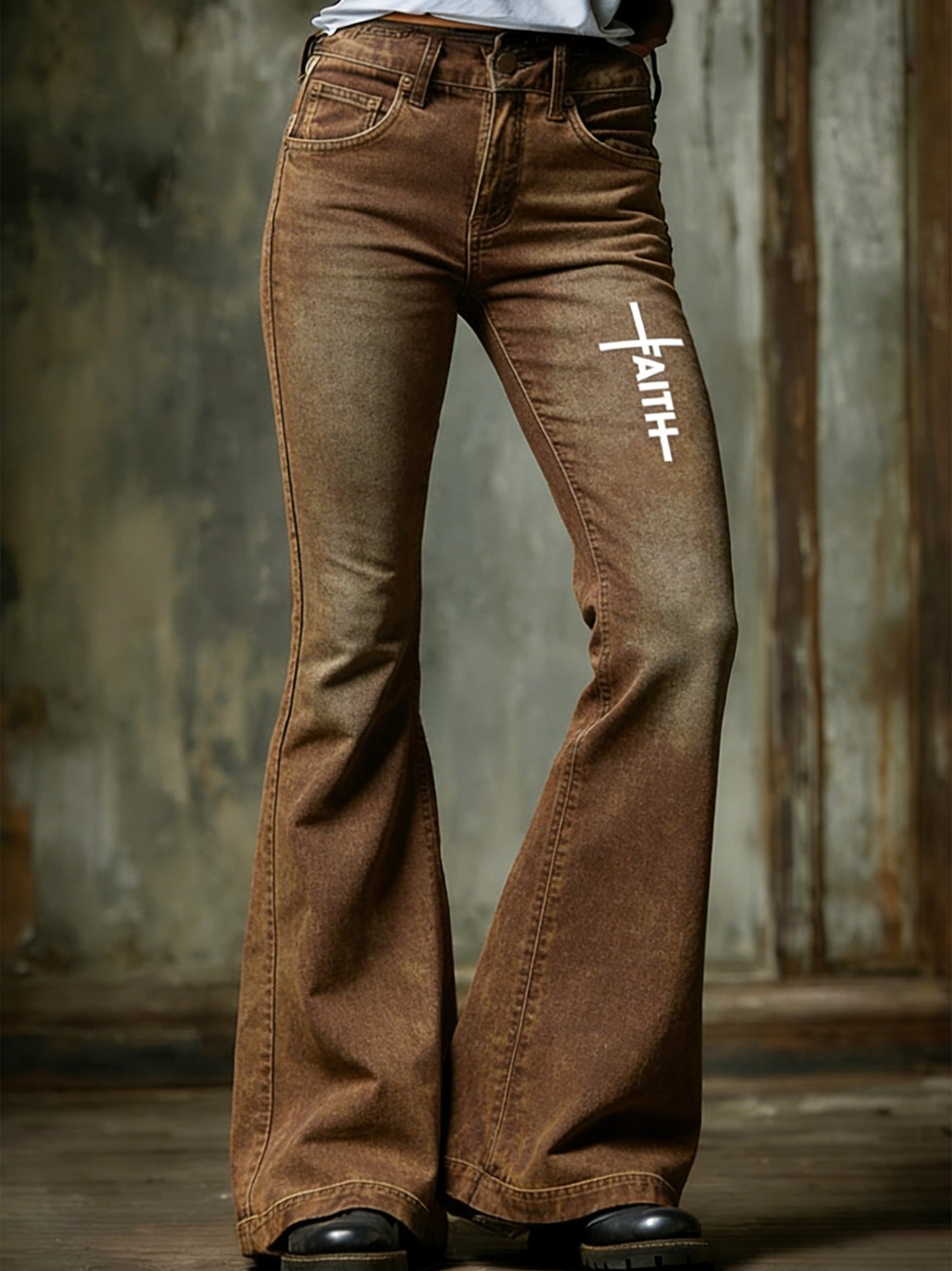 Women's Retro Faith Cross Art Print Flared Trousers