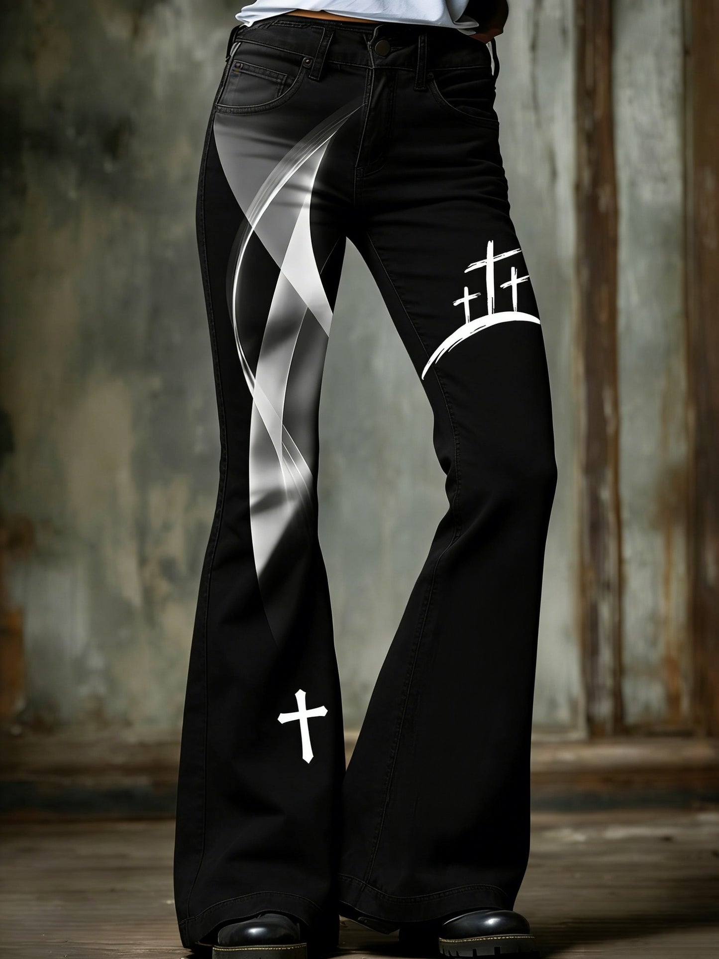 Women's Retro Faith Cross Art Print Flared Trousers