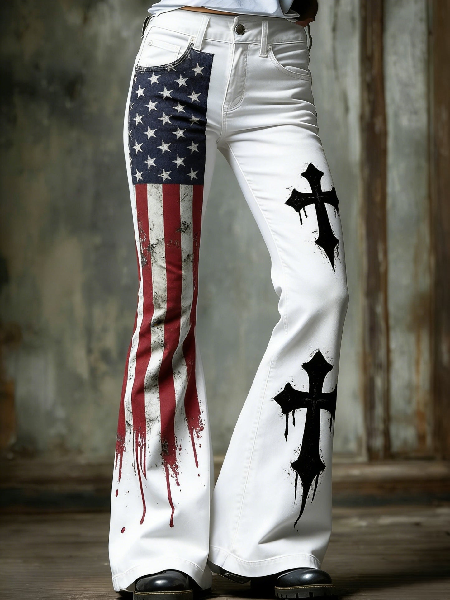 Women's Retro American Faith Cross Art Print Flared Trousers