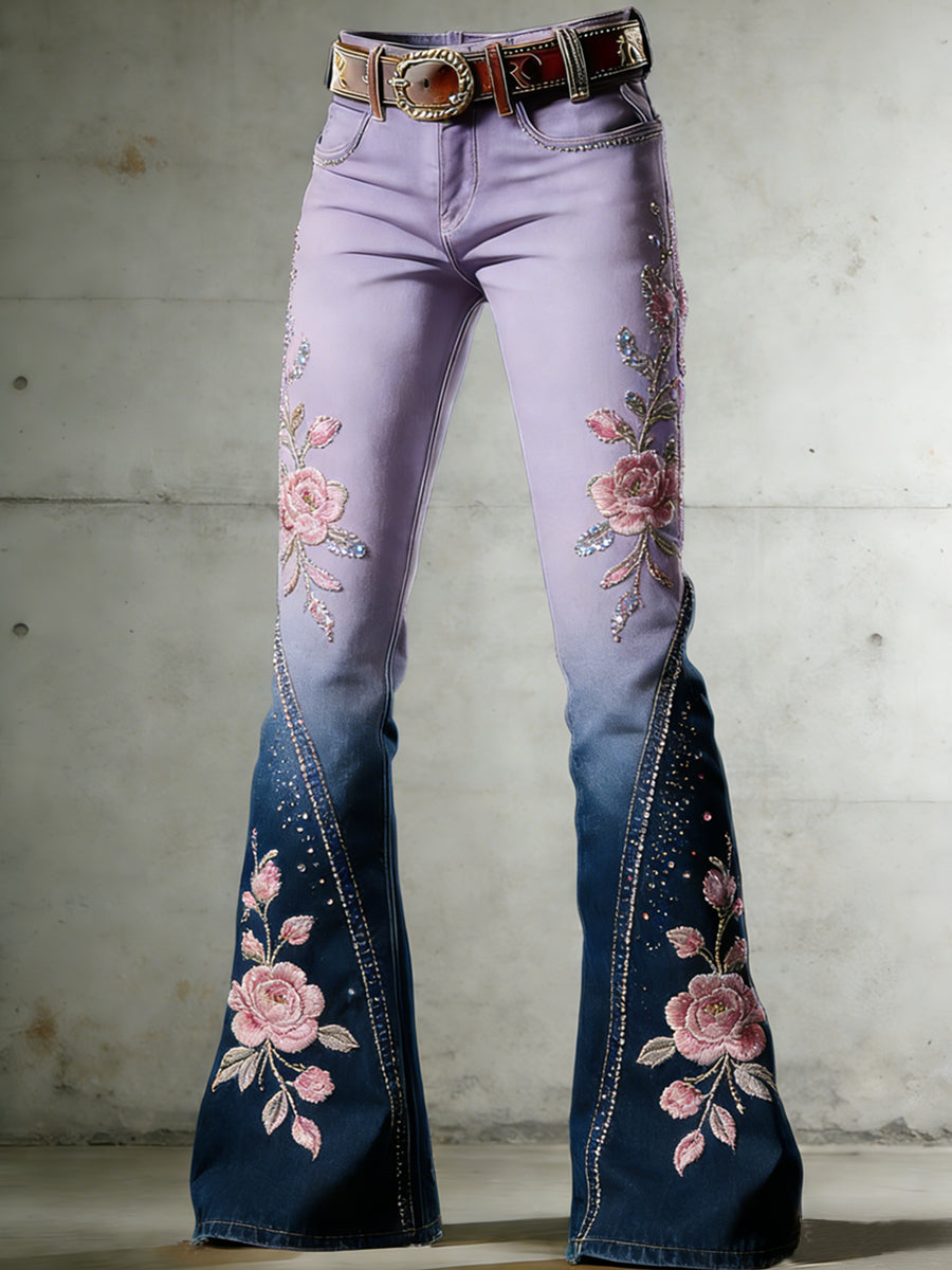 Women's Flower Art Print Flared Trousers
