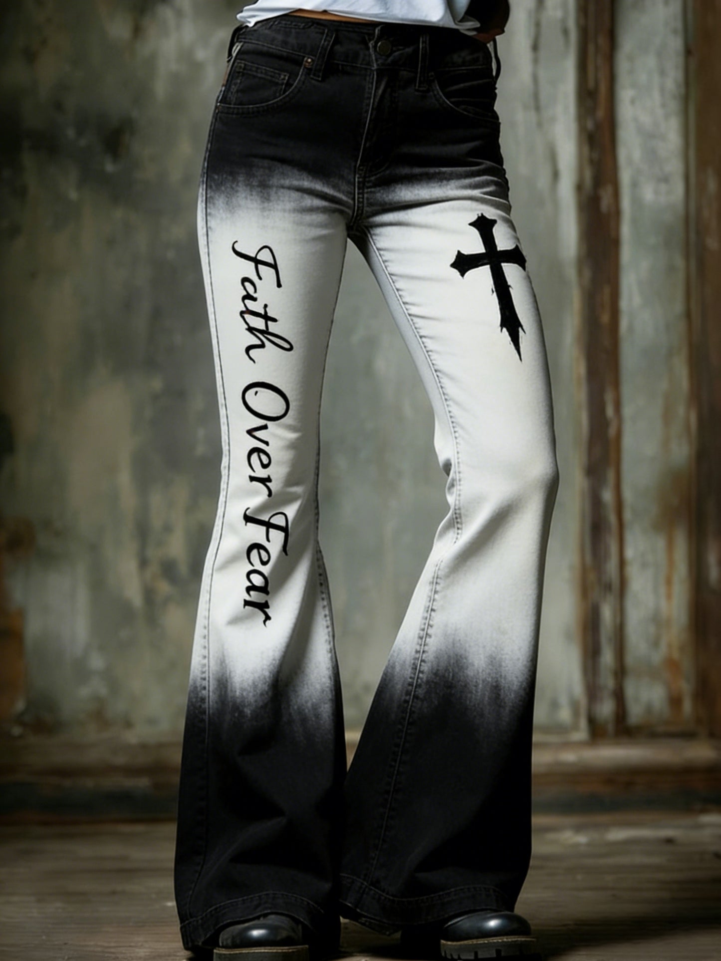 Women's Retro Faith Cross Gradient Art Print Flared Trousers