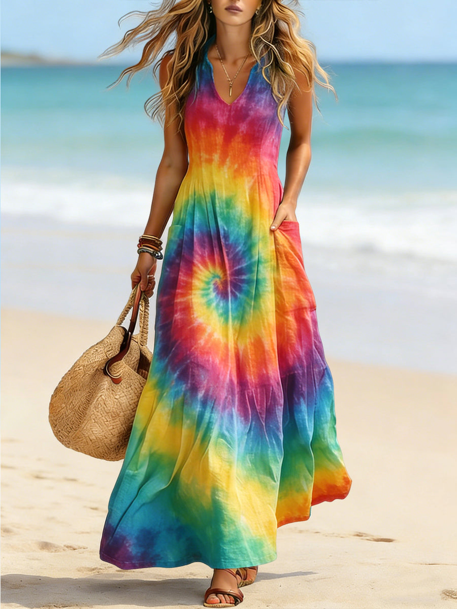 Women's Hawaiian Tie-Dye Cotton-Linen Dress