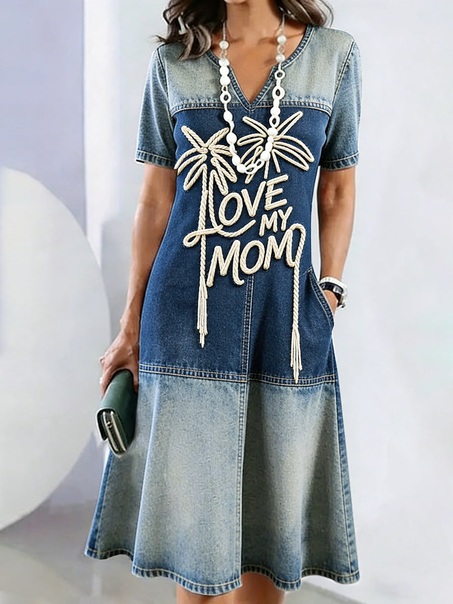 Women's Love My Mom Denim-Effect Patchwork Print Fashion V-Neck Dress