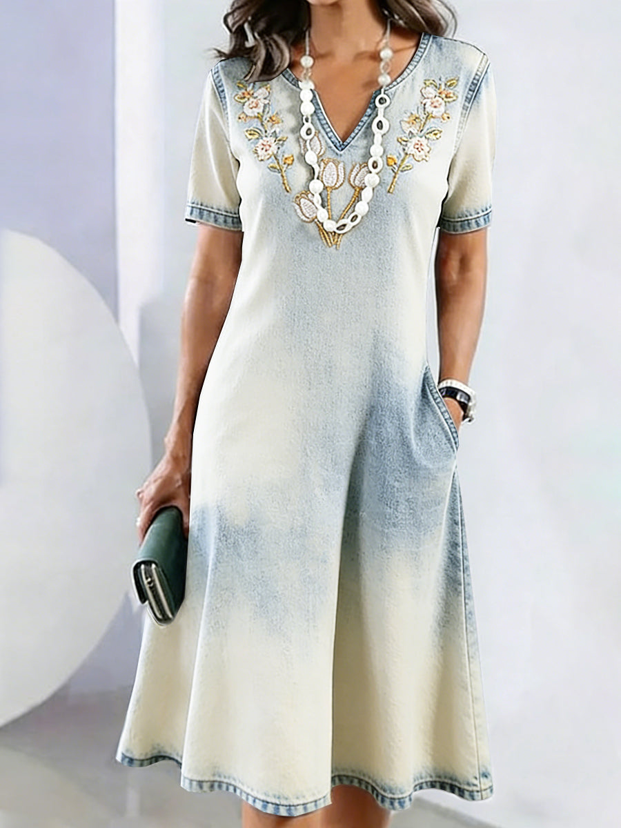 Women’s Tulip Floral Denim-Effect Vintage Print Mother’s Day Gift Fashion V-neck Dress