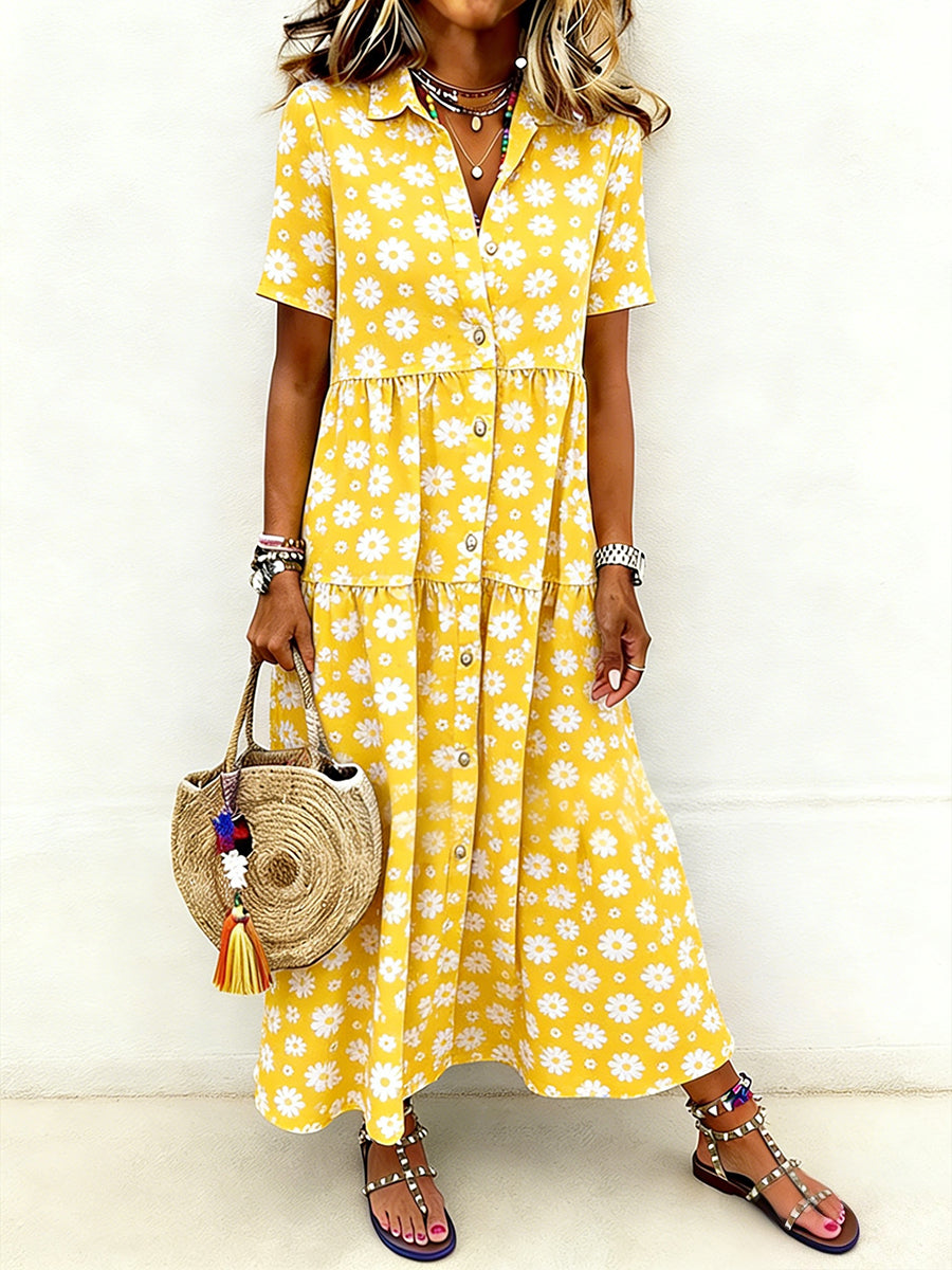 Women's Casual Elegant Floral Print Short-Sleeve Long Shirt Dress