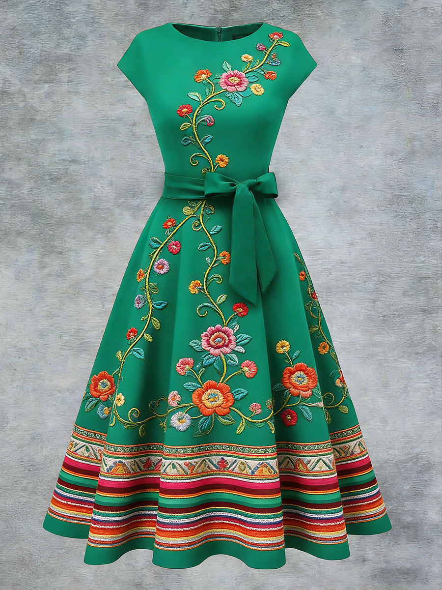 Women's Elegant Casual Mexican Flowers Art Printed Short Sleeve Dress