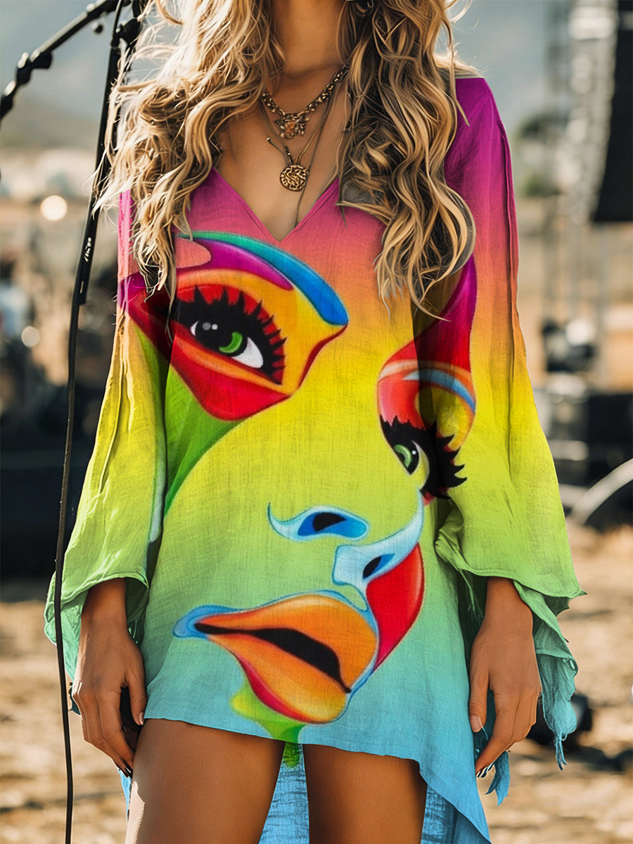 Women's Vintage Bohemia Art Print Long Sleeve Cotton Shirtdress