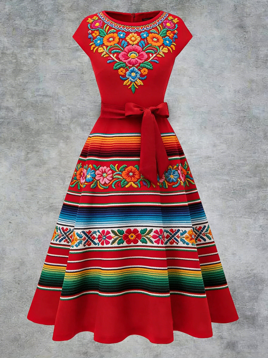 Women's Elegant Casual Mexican Flowers Art Printed Short Sleeve Dress
