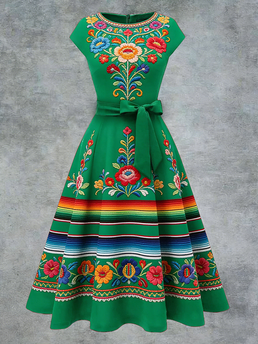 Women's Elegant Casual Mexican Flowers Art Printed Short Sleeve Dress