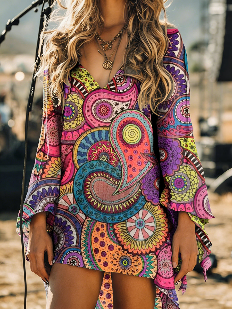 Women's Vintage Bohemia Art Print Long Sleeve Cotton Shirtdress