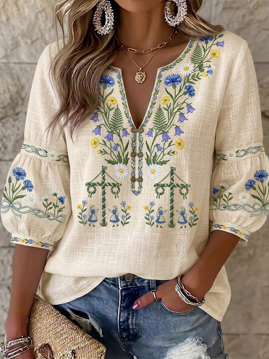 Women's Vintage Swedish Midsummer Floral-Print Cotton-Linen Blouse