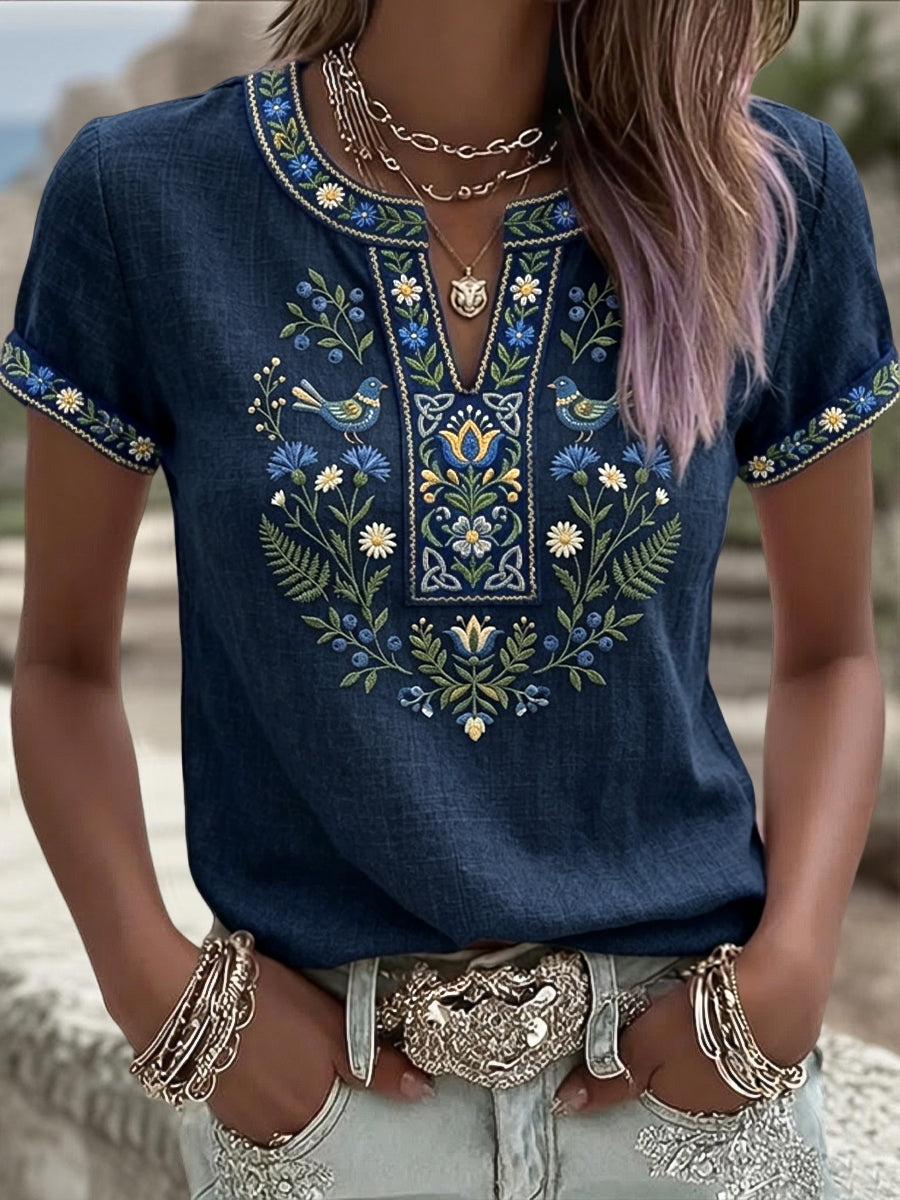Women's Retro Art Swedish Midsummer Ethnic Floral V-Neck T-Shirt