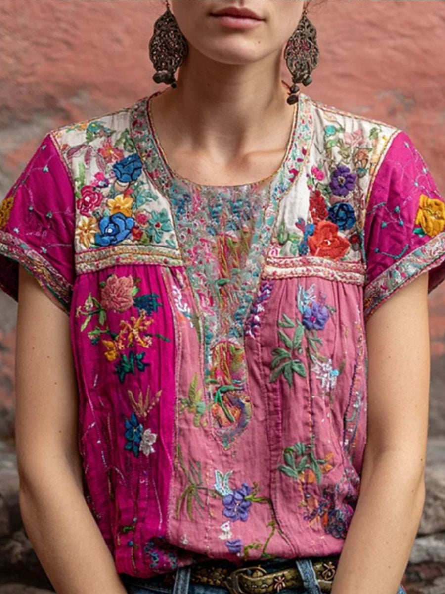 Women's Bohemian Floral Embroidery Art Contrast Color Linen Blend T-shirt