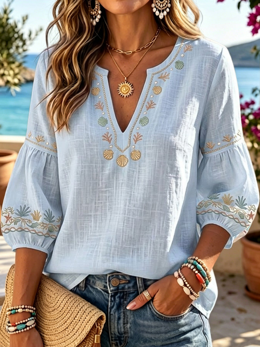 Women's Hawaiian-Style Artistic Shell Print Casual V-Neck Top