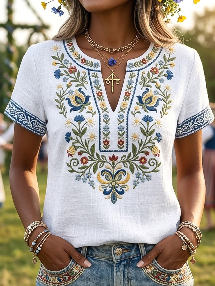Women's Vintage Swedish Midsummer Floral Art V-Neck T-Shirt