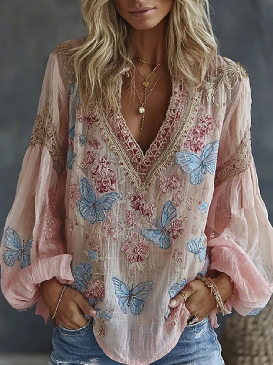 Women's Vintage Floral And Butterfly Embroidered Art Print Flowy Linen Blend Casual Tops