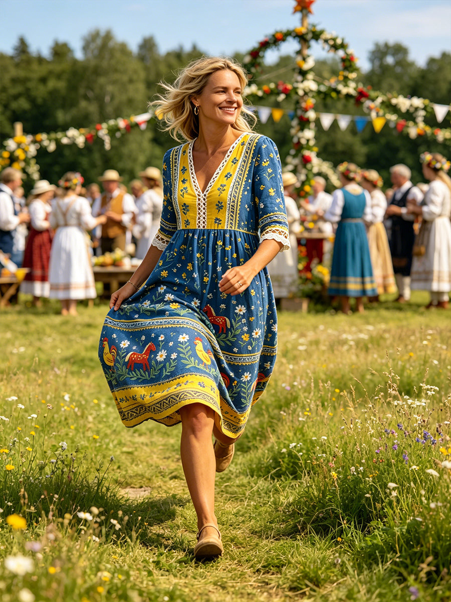 Women's Casual Dress With Midsummer Festival-Themed Print