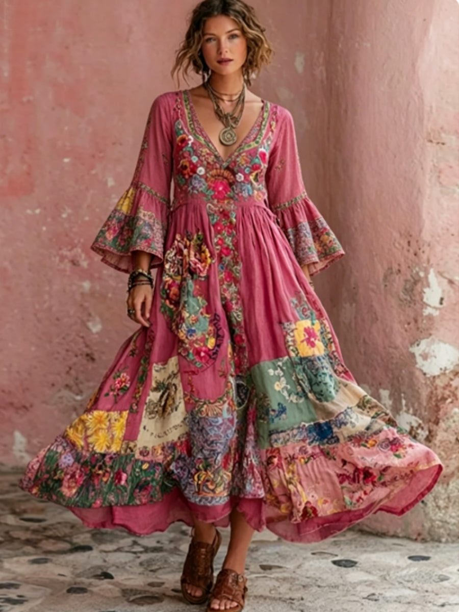 Women's Bohemian Floral Embroidery Art V-Neck Short Sleeve Midi Dress