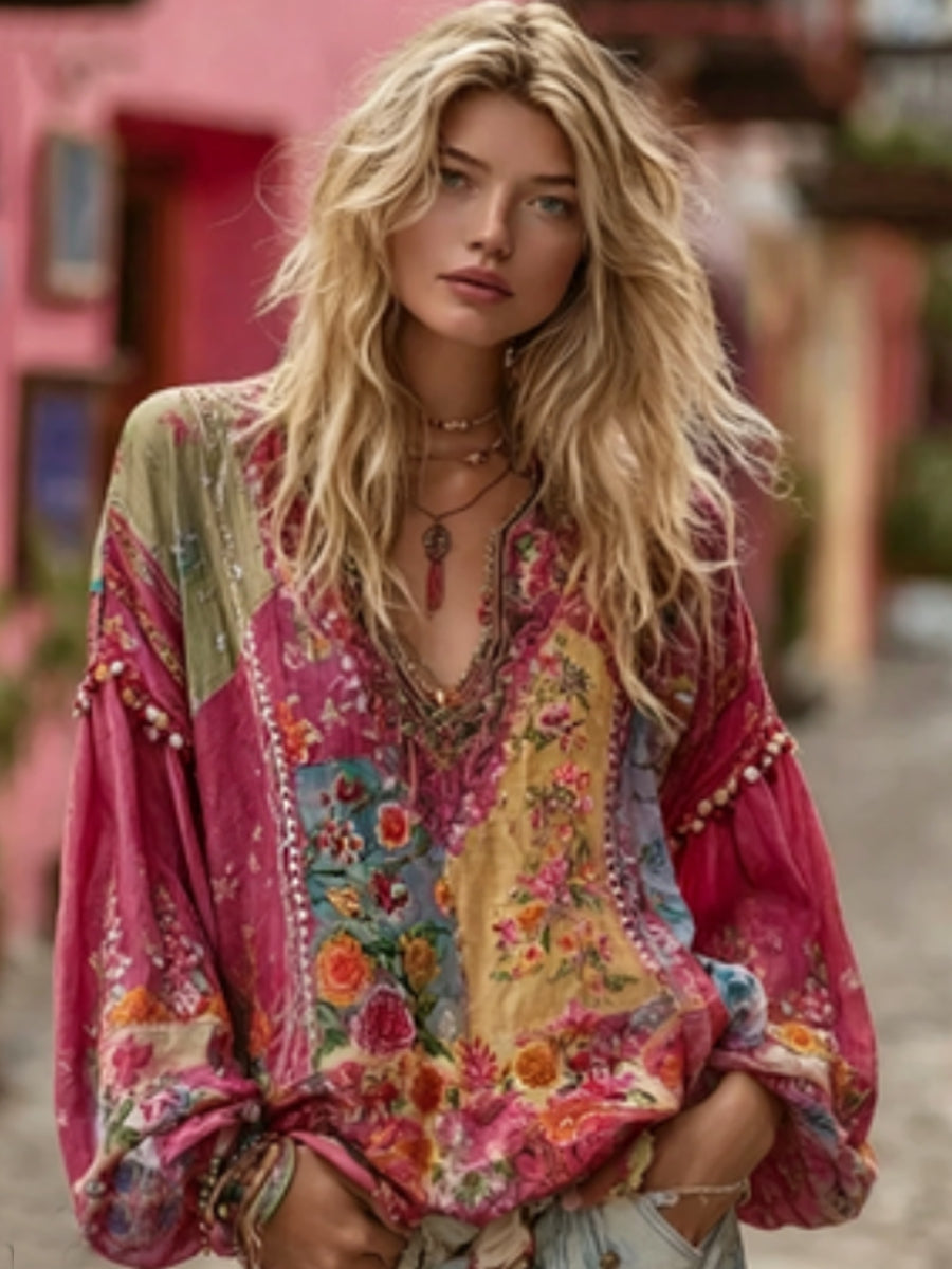 Women's Floral Embroidery Art Colorblock Linen Blend V-neck Boho Shirt