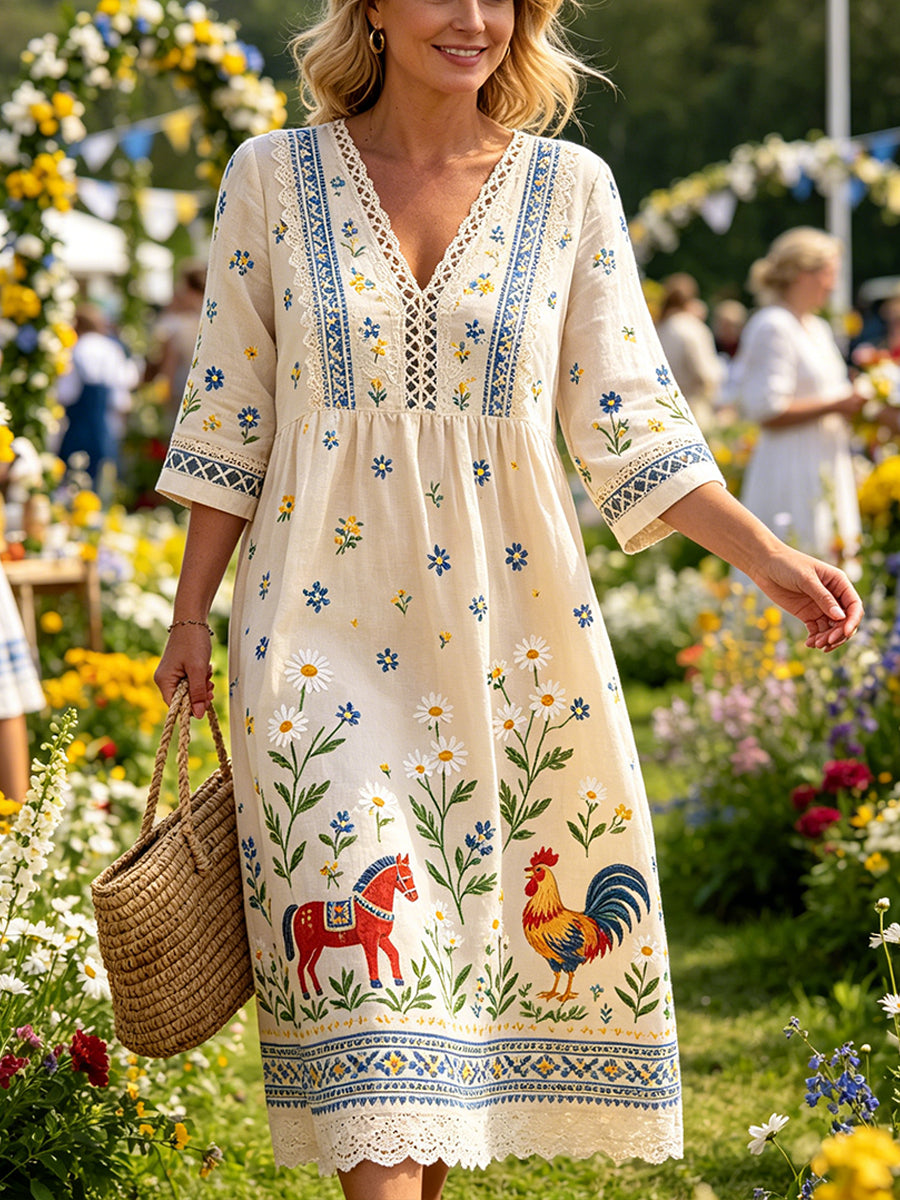 Women's Casual Dress With Midsummer Festival-Themed Print