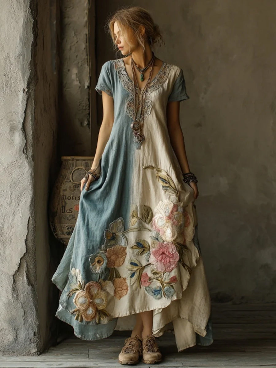 Women's Retro Floral Colorblock Short Sleeve Dress